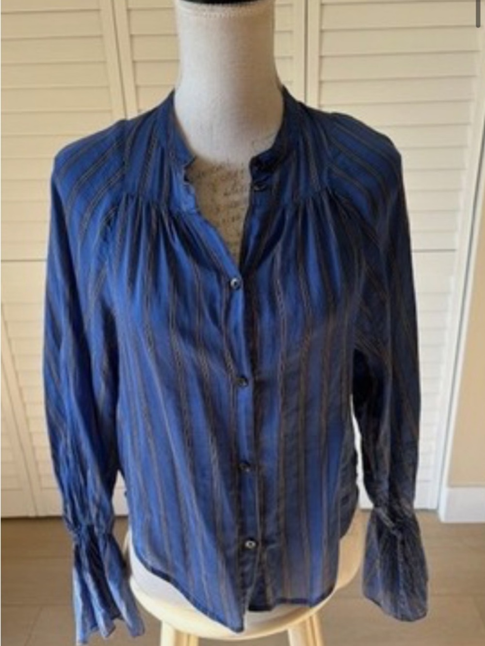 Rachel Comey Blue Striped Button-Up Silk Blouse